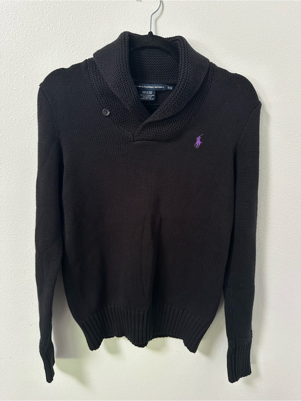 NWT Ralph Lauren Sport Sz M Shawl Collar Knit Cotton Sweater Women's Purple Logo